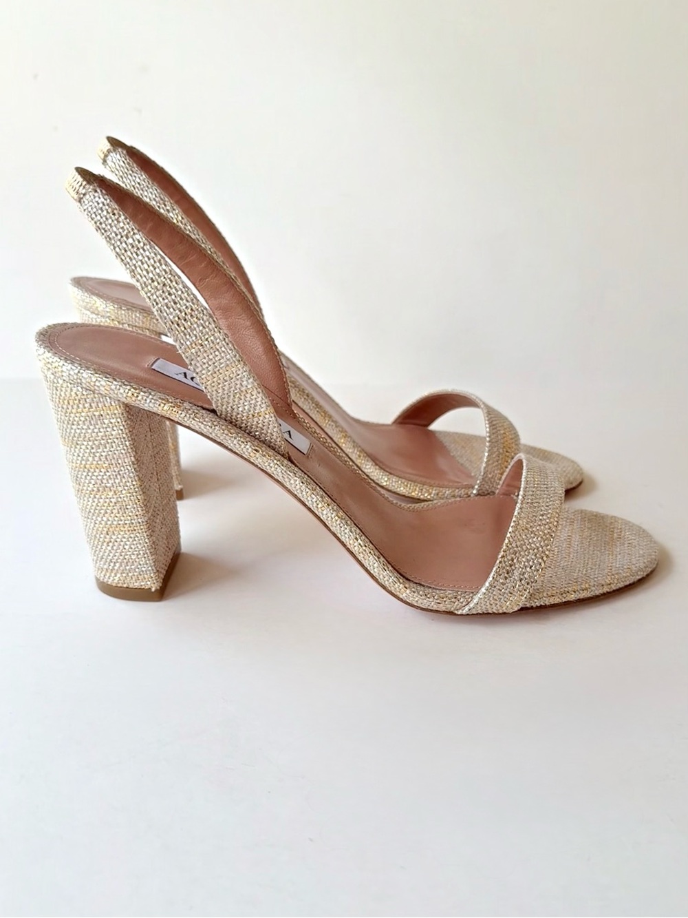 NWOB Aquazzura So Nude 85MM Metallic Sandals Woven Textile Gold Leather 39 $695 - Picture 5 of 12